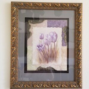 🔻REDUCED❣ Vintage 3D relief antiques gold frame purple tulips print under glass
